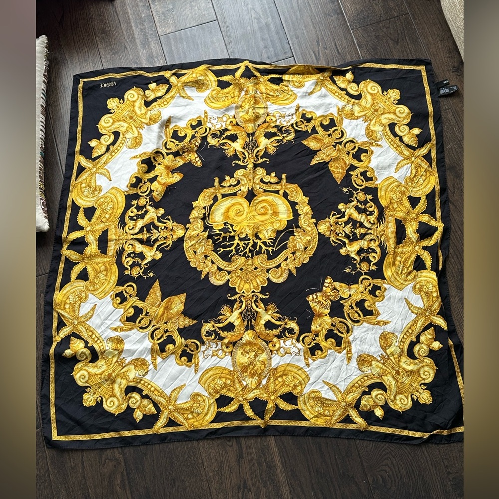 Versace Baroque Black Gold White Silk Scarf Mermaid